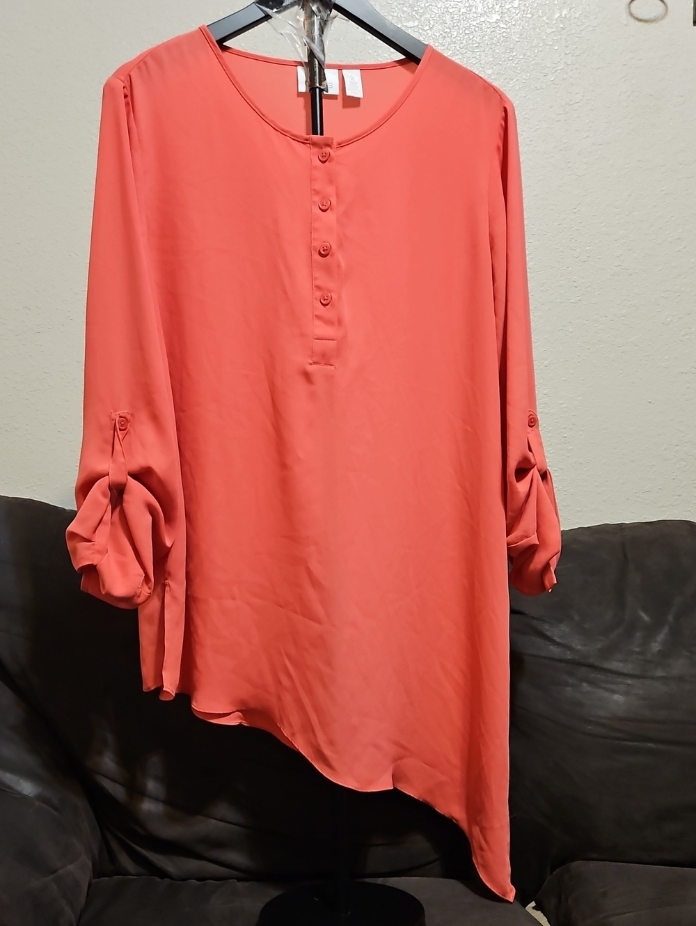 Chico's Coral Roll-Tab Asymmetrical Hem Tunic